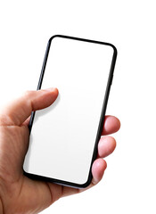 Wall Mural - Hand holding a smartphone with blank white screen. Isolated on transparent background.