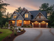 © ADDICTIVE STOCK - Generative AI illustration of the exterior of a residence with a beautiful garden with garage building with bright windows under a sunset