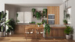 Urban jungle interior design, wooden kitchen in white and beige tones with many houseplants. Island with chairs and appliances. Biophilic concept idea