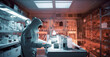 © ADDICTIVE STOCK - Generative AI image of side view of futuristic spaceman in spacesuit and helmet standing and conducting research during space expedition in laboratory