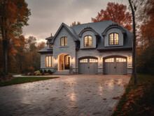 AI Generating Illustration Of The Exterior Of A Residence With A Garage Building With Bright Windows Surrounded By Trees And Leaves On The Ground Under A Cloudy Sky
