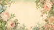 A vintage-style parchment page with a floral border of faded pink and green roses .generative ai