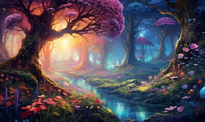 Naklejka na meble Fantasy-Märchenwald mit Mondlicht. generative KI