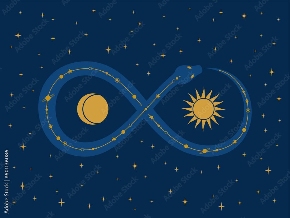 A snake with a cosmic pattern on its back making an infinity sign ...