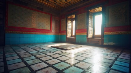 Canvas Print -  a room with a tile floor and two windows and a rug on the floor.  generative ai