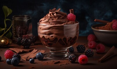 Wall Mural -  a glass bowl filled with chocolate pudding surrounded by berries and cinnamon sticks.  generative ai