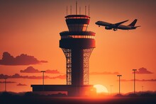 Passenger Plane Flies Behind  The Airport Control Tower At Dusk. AI Generated.