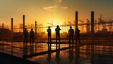 Fototapeta Most - Silhouettes of Engineers and workers inspecting a project on a building site background, construction site at sunset, Generative AI