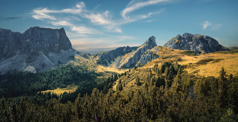 Aufkleber - A magnificent panorama of the mountains. Wonderful nature landscape. Amazing Sunny day in Dolomites Alps. Incredible natural scenery. Famous alpine place of the world. Picture of wild area.