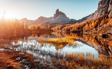 Aufkleber - The beautiful nature landscape. Great view on Federa Lake early in the morning. The Federa lake with the Dolomites peak, Cortina D'Ampezzo, South Tyrol, Dolomites, Italy. popular travel locations