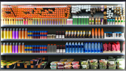 Open refrigerators in supermarket with brand less packagings and bottles of juice, coffee, energy drink, water, smoothy, salad, puree and different types of food. Mock-up, illustration.