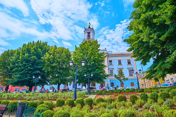 Sticker - The Central Square with green trees and City Hall, Chernivtsi, Ukraine