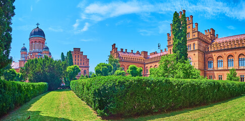 Canvas Print - Panorama of topiary garden of Chernivtsi National University, Ukraine