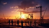 Fototapeta Most - Silhouettes of Engineers and workers inspecting a project on a building site background, construction site at sunset, Generative AI