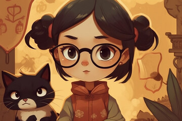 Wall Mural - Round-faced girl with black hair and glasses, next to Siamese cat.