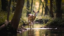 Spotted Deer In The Forest. Wild Fawn Standing In The Water