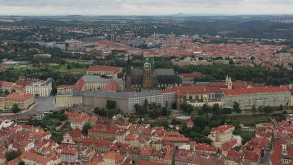 Sticker - Prague Old Town with St. Vitus Cathedral and Prague castle complex with buildings revealing architecture from Roman style to Gothic 20th century. Prague, capital city of the Czech Republic. Drone, 4k.