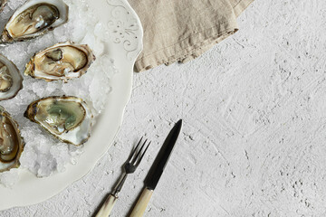 Wall Mural - Plate with fresh opened oysters and cutlery on light table, top view with copy space