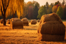 Hay Bales In The Field Made With Generative Ai