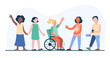 © PCH.Vector - Multicultural children greeting girl in wheelchair. Asian, Caucasian, African American kids talking to child with physical disability vector illustration. Childhood, friendship, inclusion concept