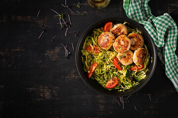 Wall Mural - Zucchini spaghetti pasta  with chicken meatballs in pan. Top view. Flat lay