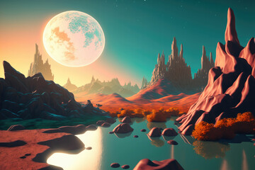 Wall Mural - Fantasy planet , night sky on background ,made with Generative AI