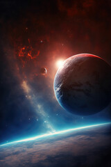 Wall Mural - Sunrise over and frozen alien planet in space, fantasy world