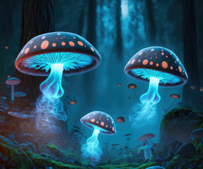 Wall Mural - Glowing mushroom with fireflies in the magic forest ,made with Generative AI