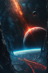 Wall Mural - Sunrise over and frozen alien planet in space, fantasy world