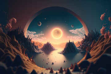Wall Mural - Fantasy planet , night sky on background ,made with Generative AI