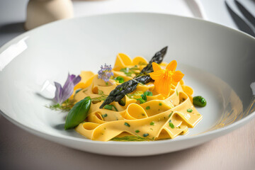 Delicious crab and asparagus pappardelle on plate ,made with Generative AI