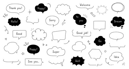 Poster - Line simple balloon frame for text title. Line decoration simple speech bubble set with comic cloud, balloon, arrow element. Hand drawn doodle sketch style. Vector illustration.