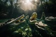 A group of alligators in the water with their mouths open. Generative AI image.