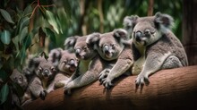 A Group Of Koalas Sitting On Top Of A Log. Generative AI Image.