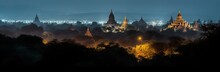 Bagan Panorama At Night With Golden Shwezigon Pagoda, Myanmar