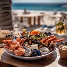 Seafood On The Beach - Prawns And Oysters - Seafood Cafe - Restaurant - Beachside View - Beach View - Beach Cafe - Beach Shack - Restaurant - Serene - Food Photography - Seafood Photography