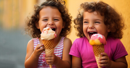 two happy dark skinned children eating ice cream summer, vacation, childhood, motherhood, food conce