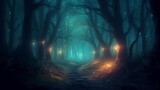 Fototapeta Las - Gloomy fantasy forest scene at night with glowing lights