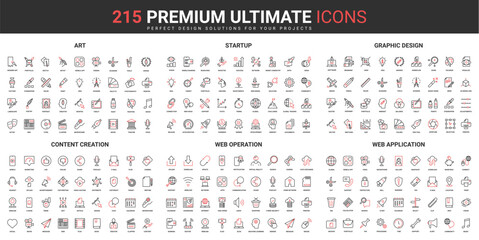 Poster - Art creation and startup, entertainment thin line red black icons set vector illustration. Abstract symbols, tools of creative designer, services for work and hobby simple design for mobile, web apps