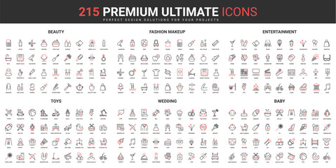Fototapete - Beauty cosmetics, makeup and fashion thin line red black icons set vector illustration. Abstract symbols of wedding, entertainment services, toys for baby, family, simple design for mobile, web apps
