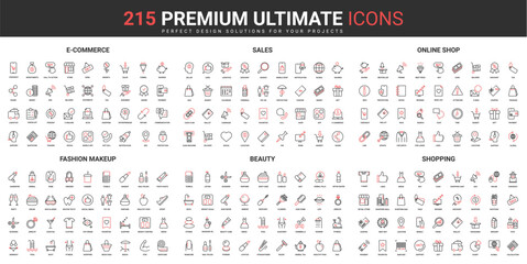 Poster - Online store sales and shopping color flat icons set vector illustration. Abstract symbols of fashion and beauty makeup cosmetic products, ecommerce simple design for mobile and web apps