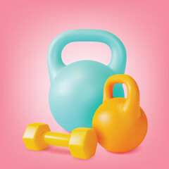 Poster - 3d Weights Concept Different Barbell Set Cartoon Style. Vector illustration of Kettlebell and Dumbbell