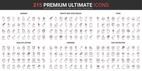 Healthy food product, farming and diet thin line red blac icons set vector illustration. Abstract symbols of garden fruits and vegetables, nutrition weight loss simple design mobile web apps