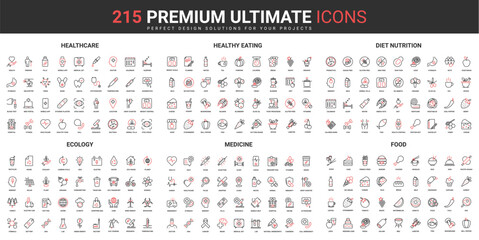 Poster - Food, ecology and medicine thin line red black icons set vector illustration. Abstract symbols of medical diagnostic and healthcare, health menu, environmental resources simple design mobile web apps