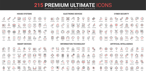 Poster - Smart home systems and devices, AI information technology thin line red black icons set vector illustration. Abstract symbols of artificial intelligence, cyber security simple design mobile web apps