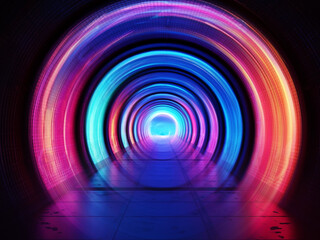 Poster - Dark tunnel at night. Neon lights are reflected on the surface. Generative AI
