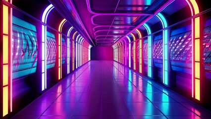 Wall Mural - dark tunnel at night. neon lights are reflected on the surface. generative ai