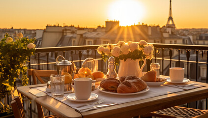 Delicious breakfast table french on a balcony in the morning sunlight. Beautiful view on the Eiffeltower. cozy romantic view in Paris