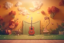  A Room With A Guitar, Hat, And Other Items On The Floor And A Yellow Wall With Clouds And Flowers On The Walls And A Wooden Floor.  Generative Ai