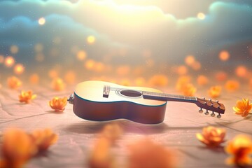 Wall Mural -  a guitar sitting on top of a bed of flowers in front of a bright sky with clouds and sunbeams in the background,.  generative ai